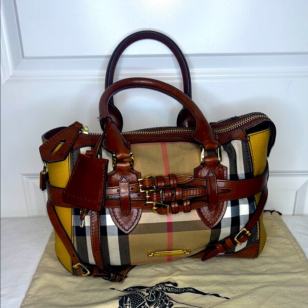 Burberry Gladstone Brown & Yellow House Check Leather Satchel Tote bag lock key - Picture 5 of 17